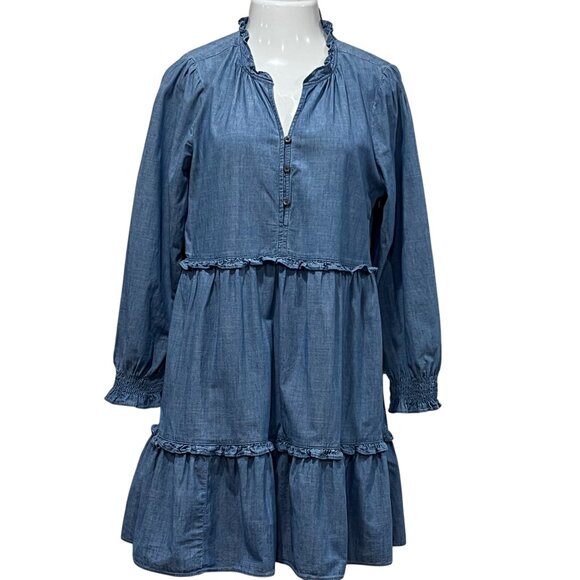 J Crew Chambray Ruffle Mini Dress, Pockets, 12 - Picture 1 of 10